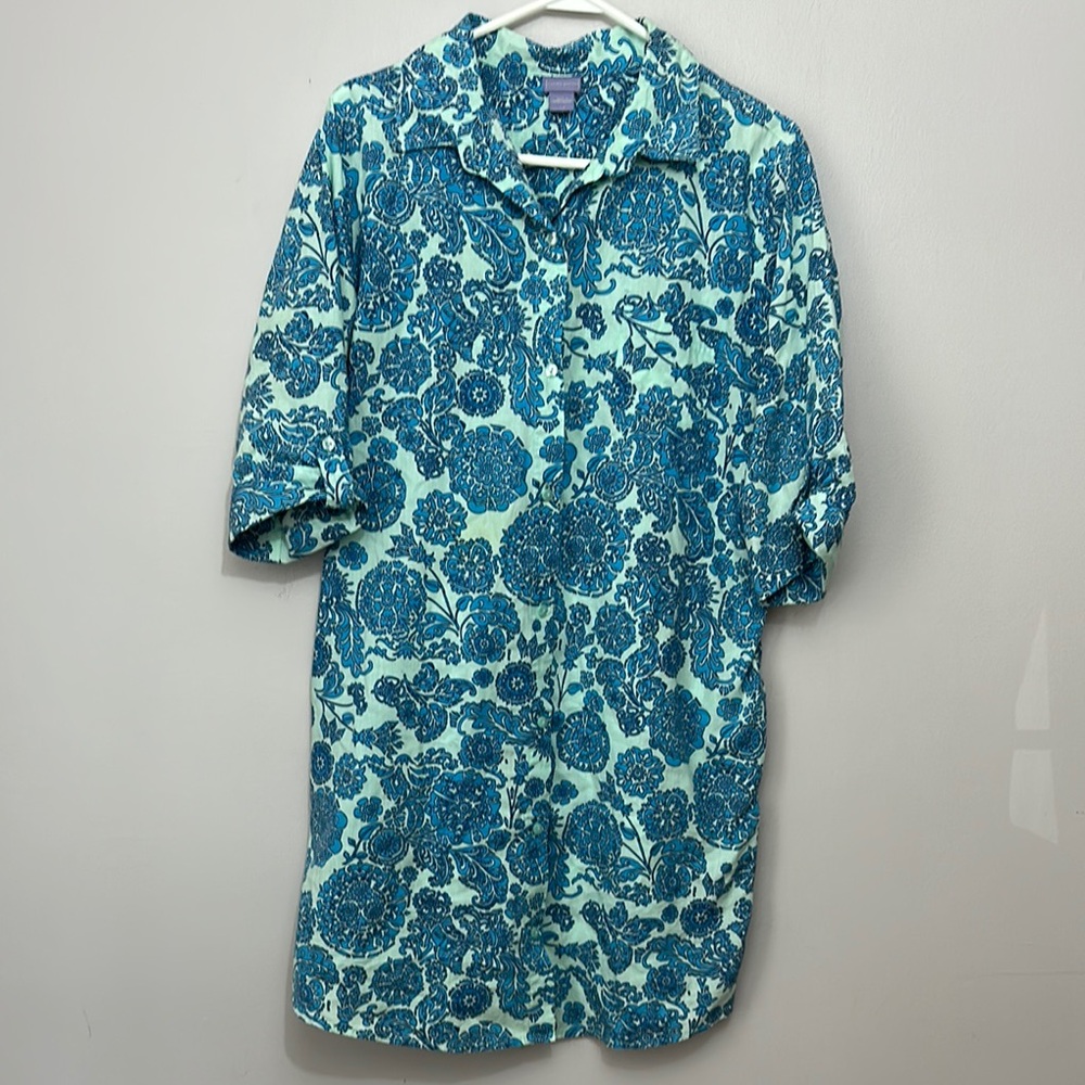 Laura Ashley, vibrant geometrical floral print button front shirt dress L